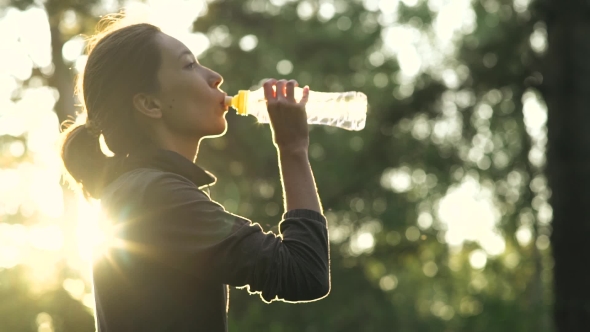 Pretty Young Woman Drinking Water During Exercise in the Park on a Summer Day