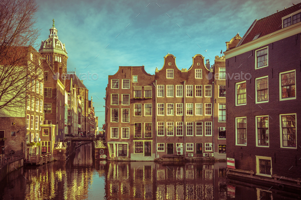 Historic Canal houses Armbrug Amsterdam retro look - Stock Photo - Images