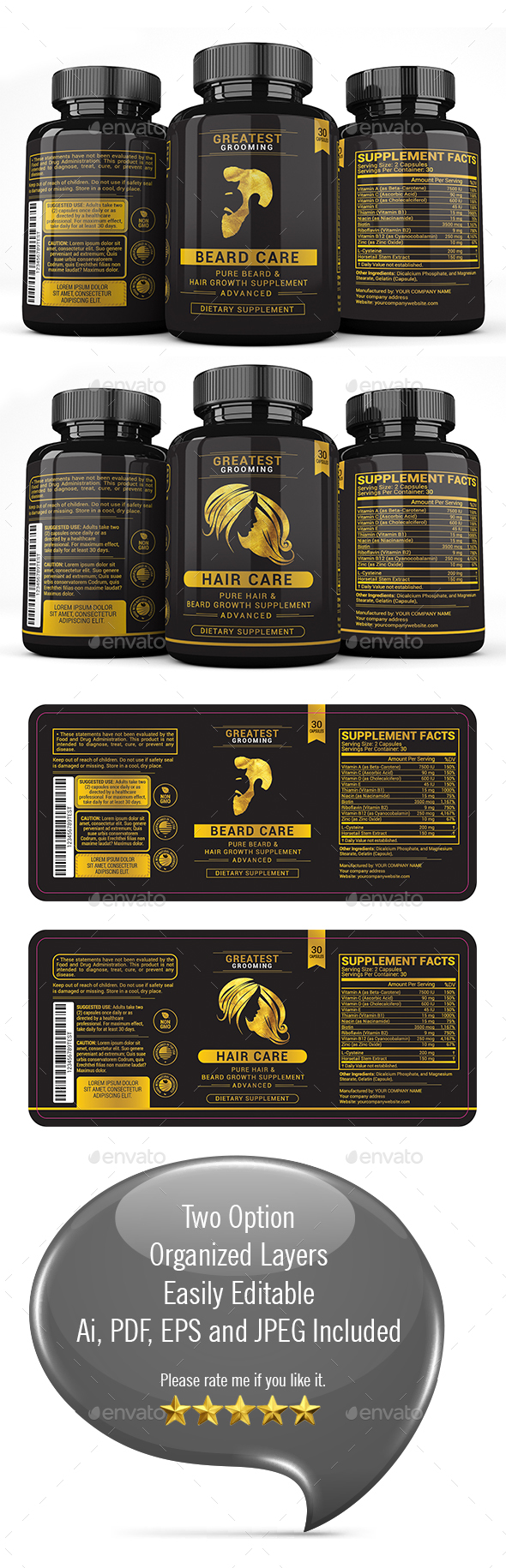 Beard & Hair Growth Supplement - Packaging Print Templates