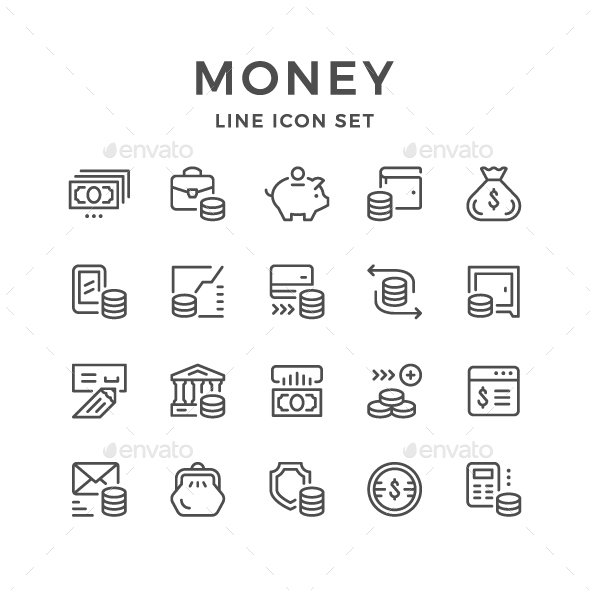 Set Line Icons of Money - Man-made objects Objects