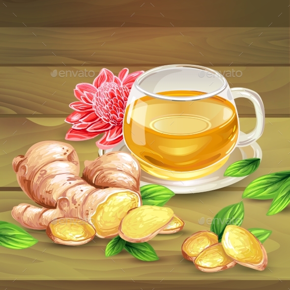 Ginger Tea Vector Composition on Wooden Background - Food Objects