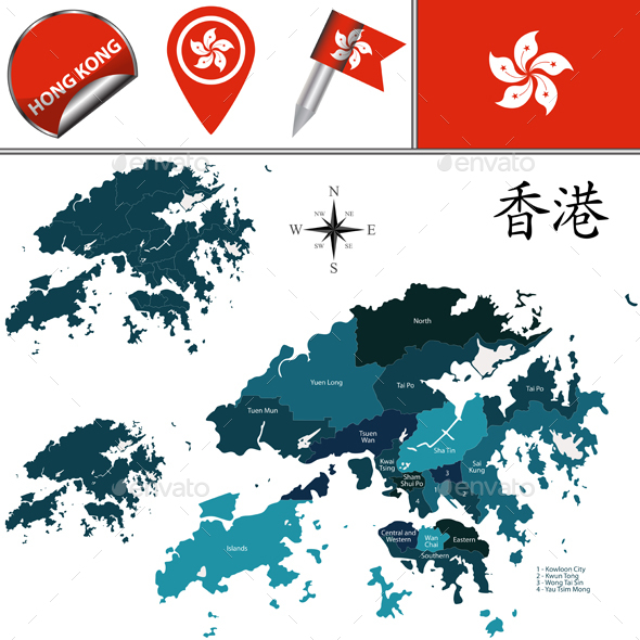 Map of Hong Kong with Districts - Travel Conceptual