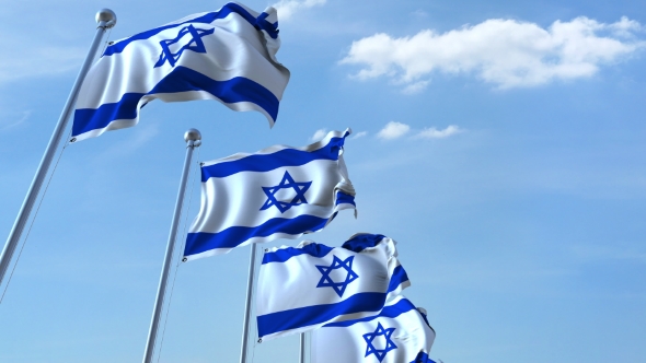 Row of Waving Flags of Israel Agaist Blue Sky, Motion Graphics | VideoHive