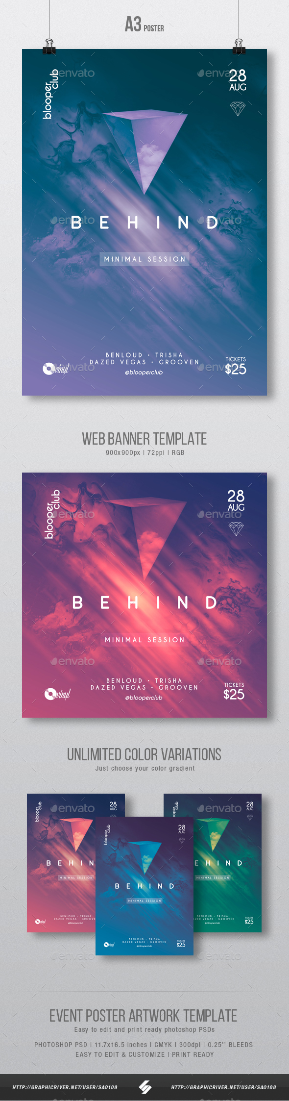 Behind - Minimal Party Poster / Flyer Artwork Template A3 - Clubs & Parties Events