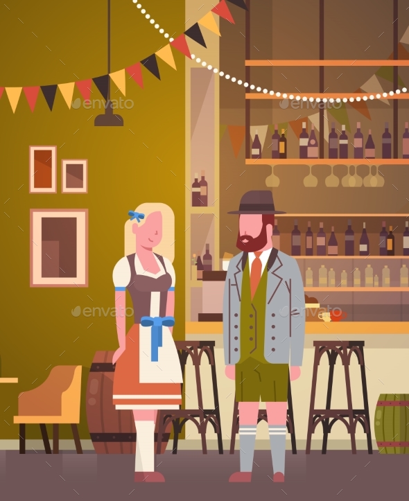 Couple In Pub Wearing Traditional Clothes Drink - Food Objects