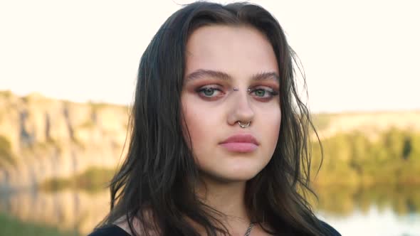 Attractive Girl Beautiful Face with Piercings Charming Appearance Confident  alt