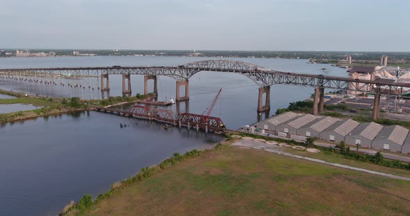 Aerial of cars traveling over the Calcasieu River Bridge in Lake Charles, Louisiana alt