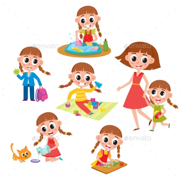 Set of Little Preschooler Girl Daily Routines - People Characters