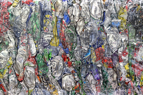 Full frame of crushed aluminum cans