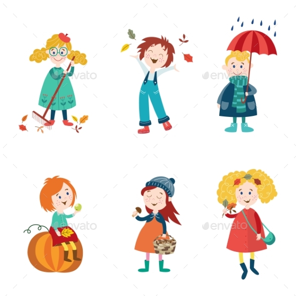 Cartoon Kids Enjoy Fall, Autumn Activities - Seasons/Holidays Conceptual
