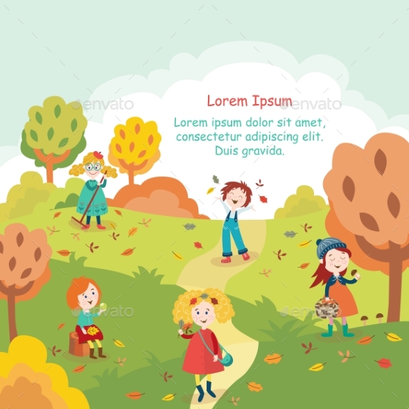Kids, Children Having Fun in Fall, Autumn Park - Seasons/Holidays Conceptual