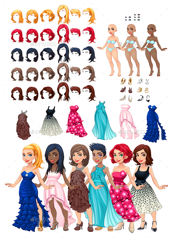 Dresses and Hairstyles Game - Characters Vectors
