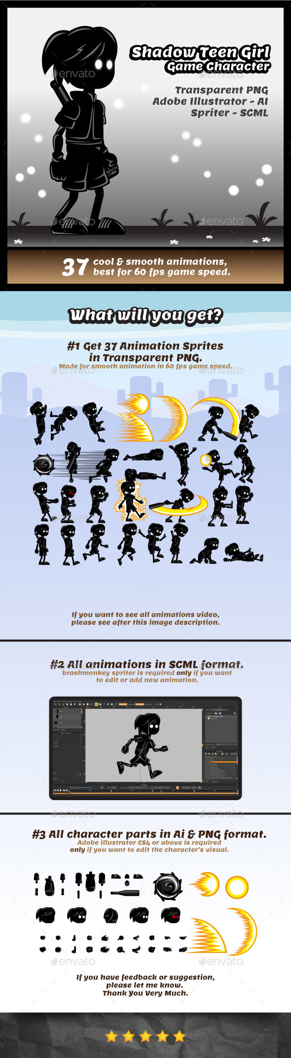 Shadow Teen Girl - Game Character Sprites - Sprites Game Assets