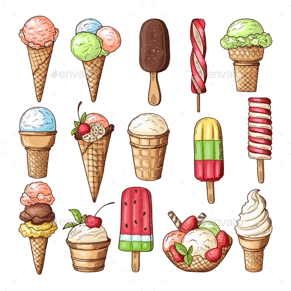 Colored Illustrations of Ice Creams with Chocolate - Food Objects