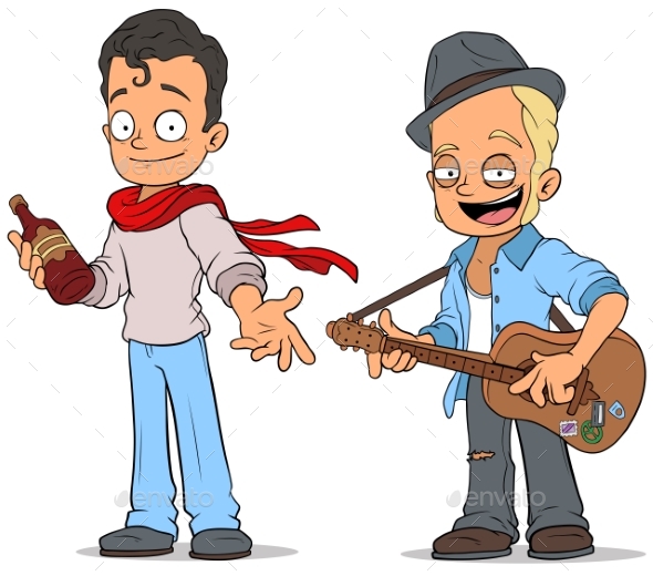 Cartoon Street Musician with Guitar Characters Set