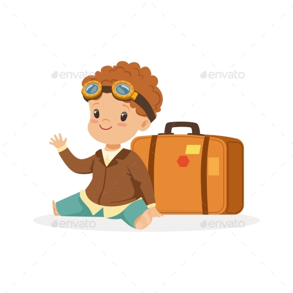 Boy in Pilot Glasses Sitting Next to Luggage - People Characters