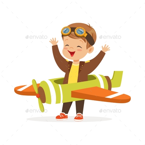 Boy in Pilot Costume Playing Toy Plane - People Characters