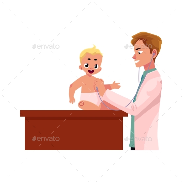 Young Man Doctor Listening to Baby - People Characters