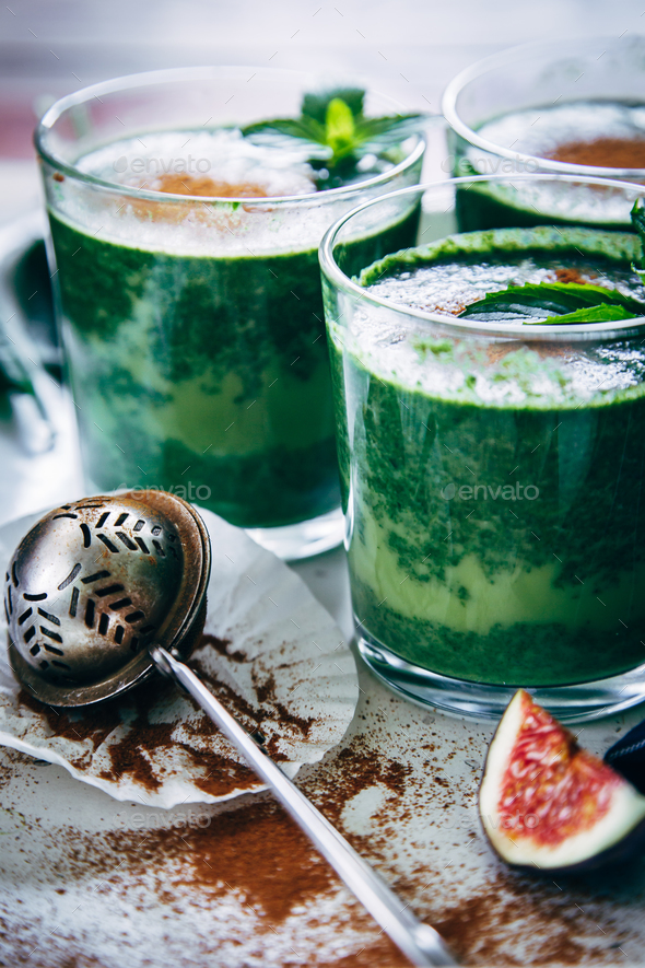 Green smoothies with leaves of fresh mint Stock Photo by KonstantinKolosov
