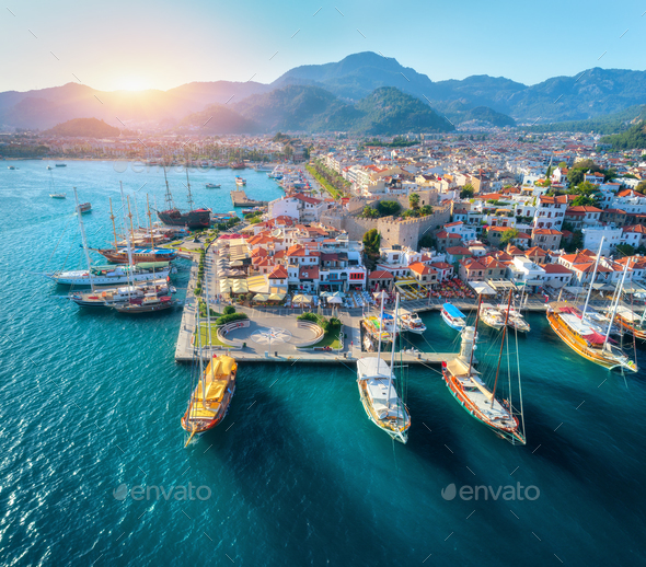 Aerial view of boats and beautiful architecture at sunset - Stock Photo - Images
