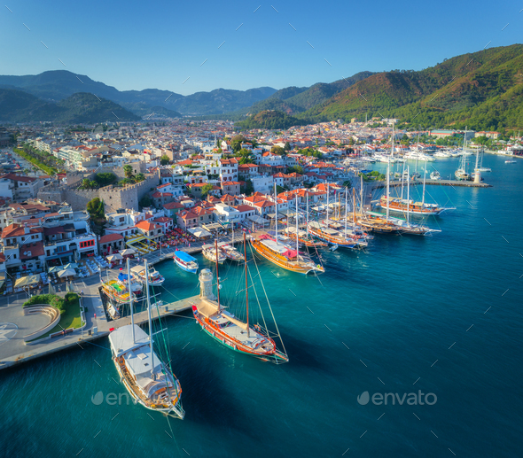 Aerial view of boats and beautiful architecture at sunset - Stock Photo - Images
