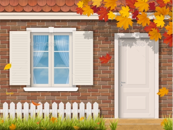 Brick House Facade in Autumn Season - Buildings Objects