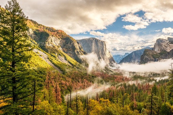 Yosemite Valley at cloudy autumn morning - Stock Photo - Images