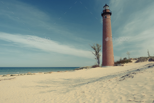 Little Sable Point Lighthouse in dunes, built in 1867 - Stock Photo - Images
