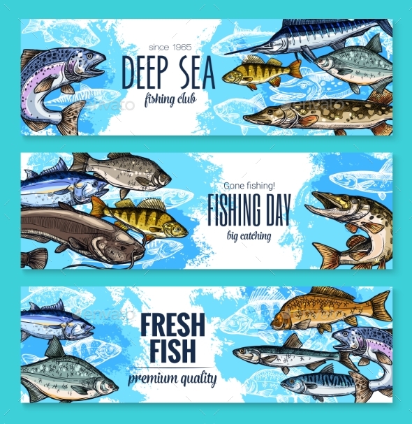 Vector Banners for Fishing or Fish Sea Life - Animals Characters