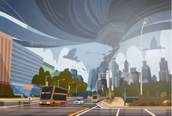Swirling Tornado in City Destroy Buildings - Landscapes Nature