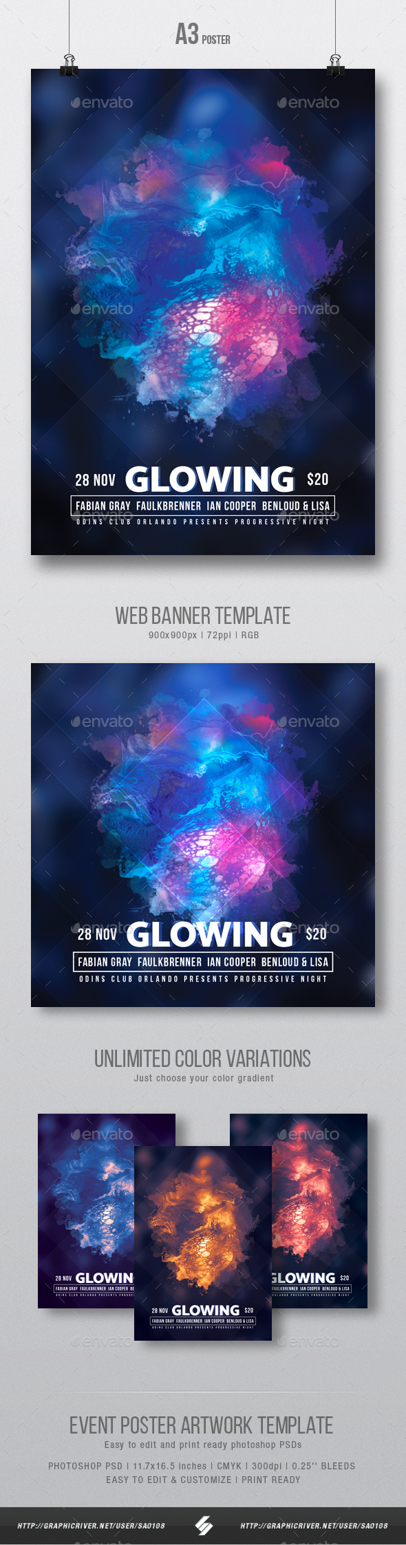 Glowing - Progressive Party Flyer / Poster Artwork Template A3 - Clubs & Parties Events
