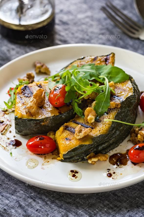 Grilled Pumpkin with Cherry Tomato ,Rocket, and Walnut Salad