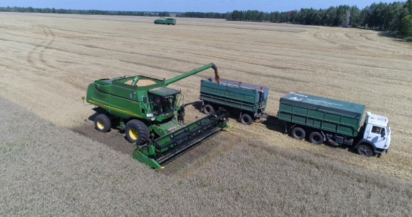 Aerial View of Combine Loading Grain of Wheat Into the Truck's Hindcarriage