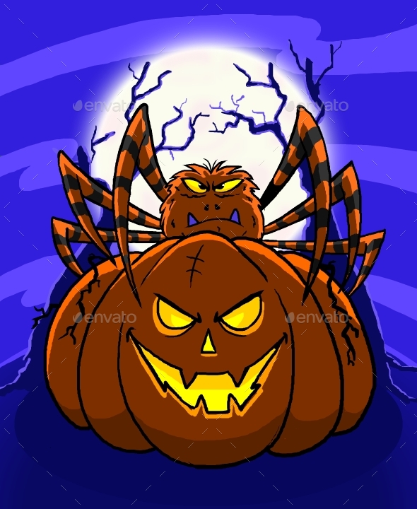 Pumpkin and Spider Cartoon
