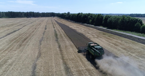 Aerial Top Shot of Harvesting of Wheat By Harvester