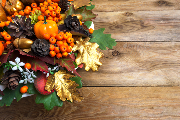 Thanksgiving garland with squash and berries copy space - Stock Photo - Images