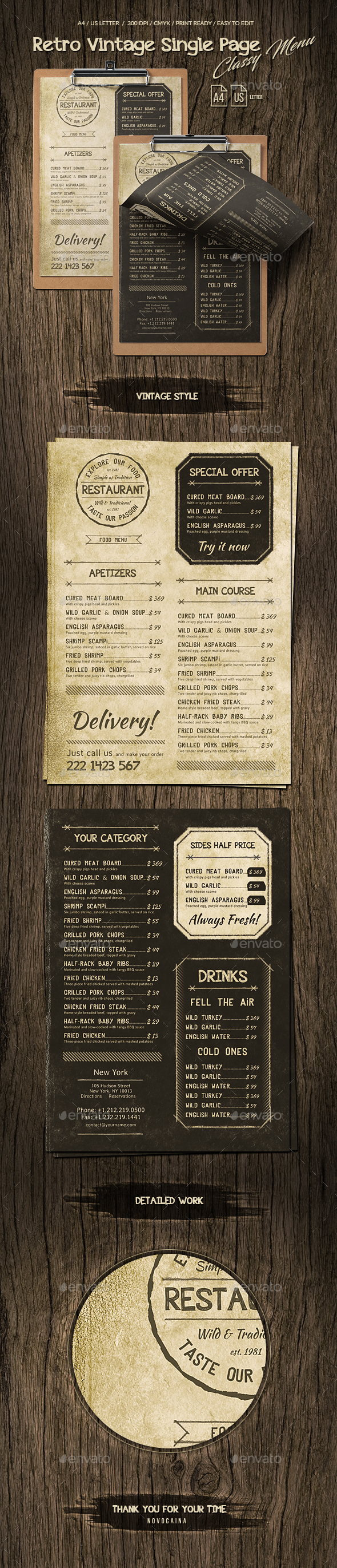 Retro Vintage Single Page Classy Menu A4 & US Letter - Food Menus Print Templates