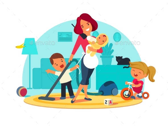 Busy Mother Feeds Child - People Characters