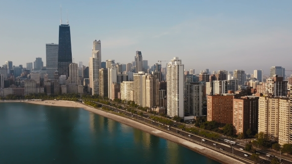 Beautiful Aerial View of the Chicago, America in the Morning. Drone Flying Away From the Downtown alt
