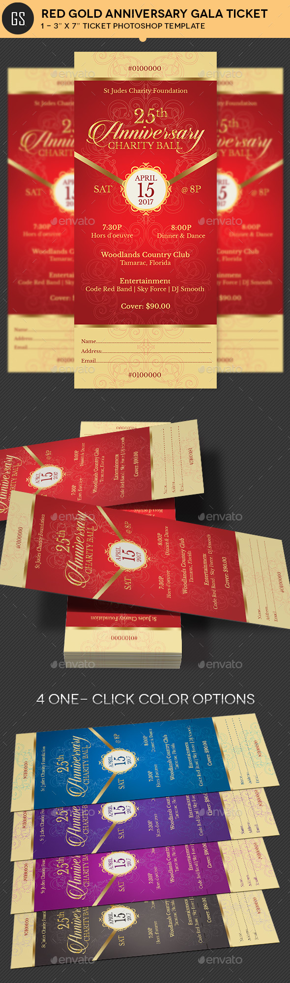 Red Gold Anniversary Gala Ticket Template - Miscellaneous Print Templates