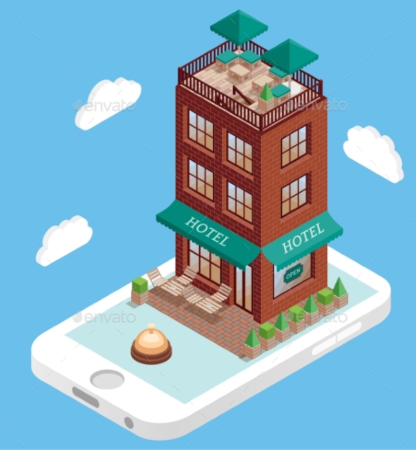 Hotel Building on Mobile Phone Screen in Vector - Buildings Objects
