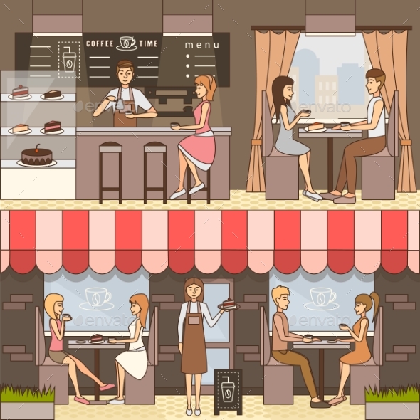 Vector Set of Coffee Horizontal Banners in Flat - Retail Commercial / Shopping