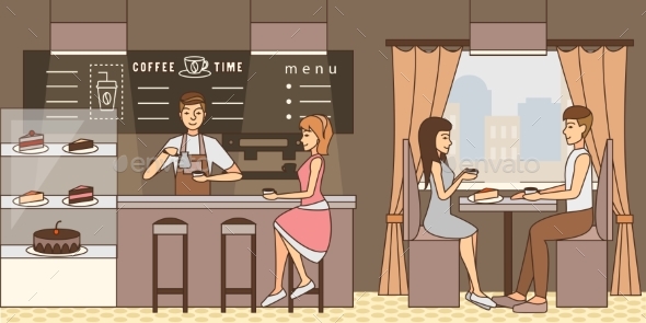 Coffee Time Concept Vector Illustration in Flat - Retail Commercial / Shopping