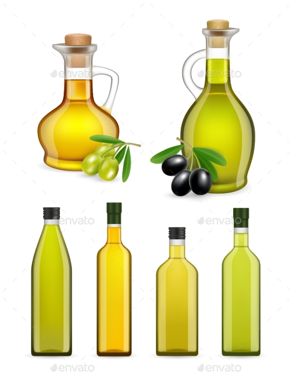 Vector Realistic Glass Olive Oil Bottles and Jars - Food Objects