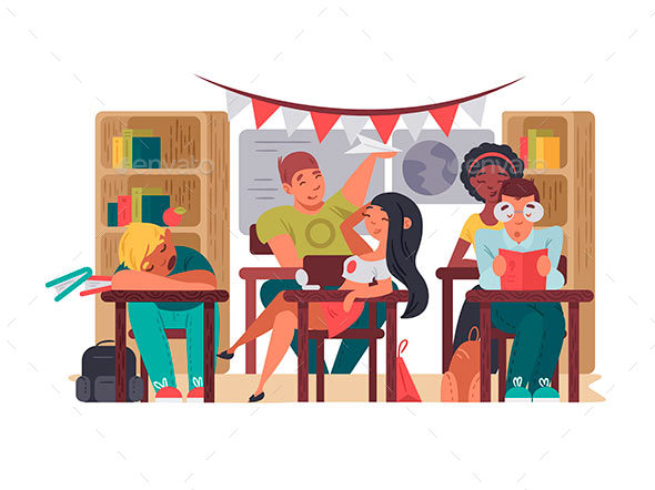 Pupils Sit in Classroom at Desks - People Characters