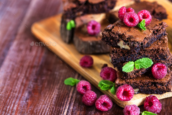 Brownie with raspberry background