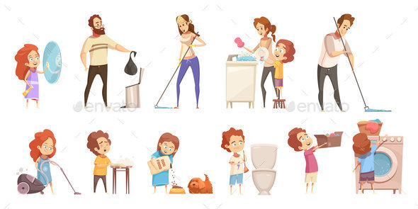 Family Cleaning Cartoon Icons Set by macrovector | GraphicRiver