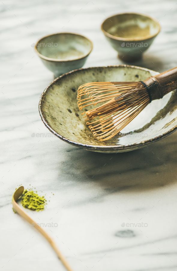 Japanese tools and bowls for brewing matcha tea, copy space - Stock Photo - Images