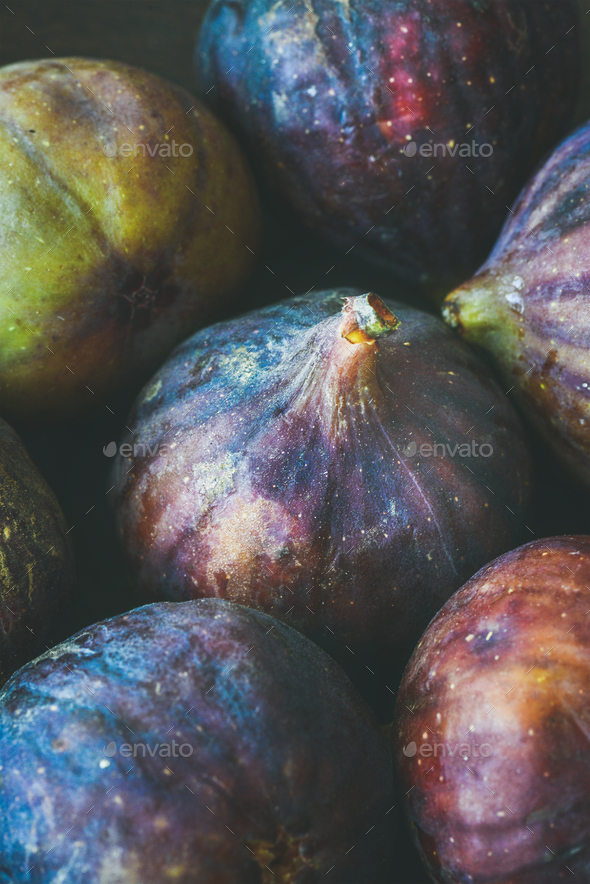 Close-up of fresh ripe seasonal purple figs, vertical composition - Stock Photo - Images