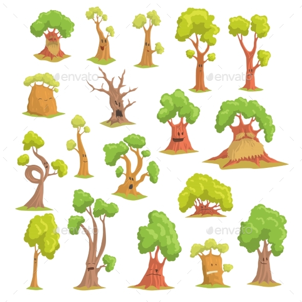 Tree Characters Set, Funny Humanized Trees - Flowers & Plants Nature